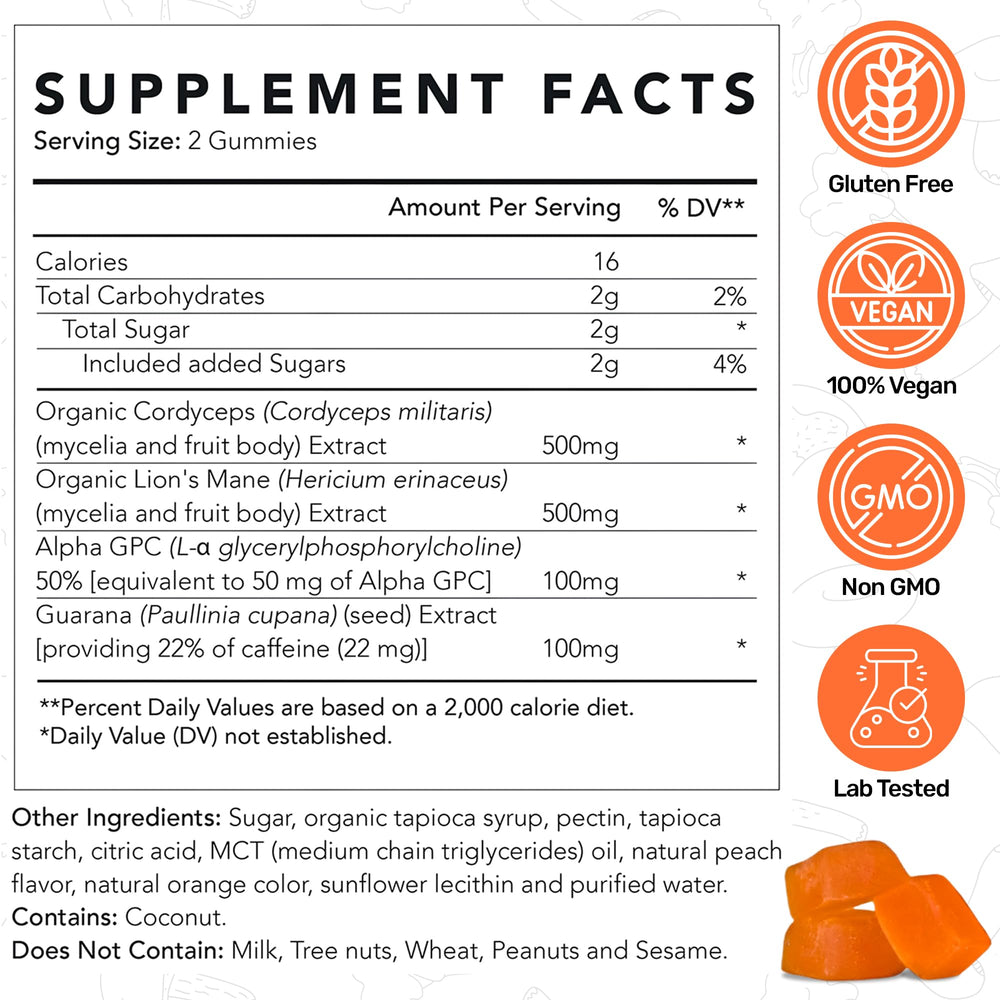 Close-up of Lemon Peach flavored mushroom gummies
