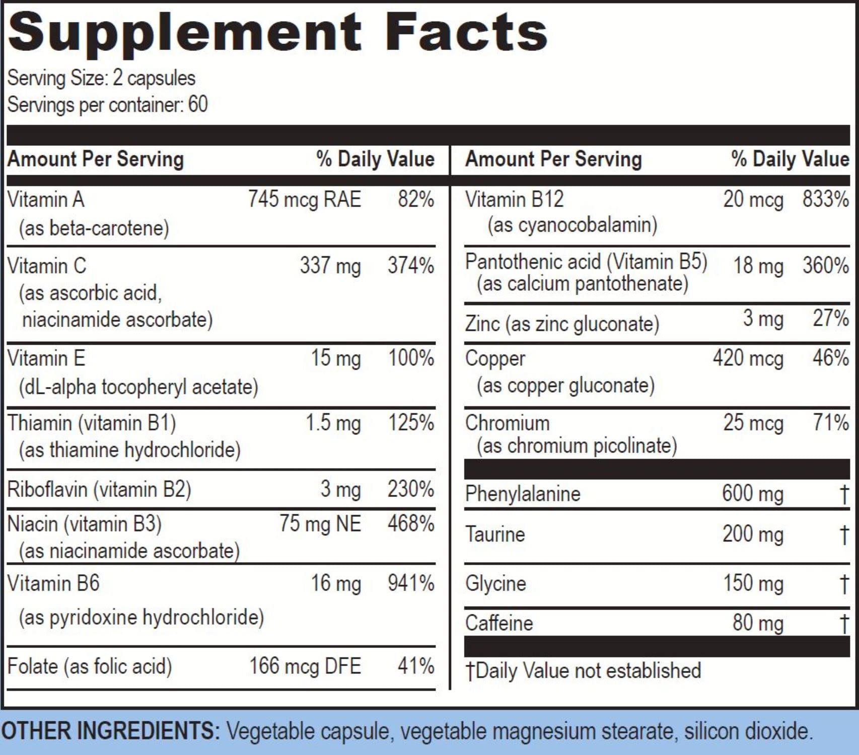 Close-up of BLAST Caps ingredients including caffeine, taurine, and vitamins