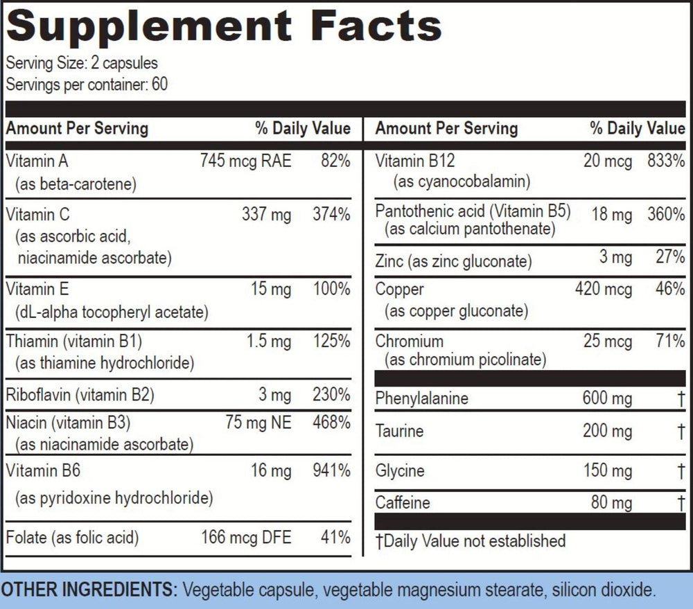 Close-up of BLAST Caps ingredients including caffeine, taurine, and vitamins