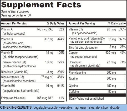 Close-up of BLAST Caps ingredients including caffeine, taurine, and vitamins