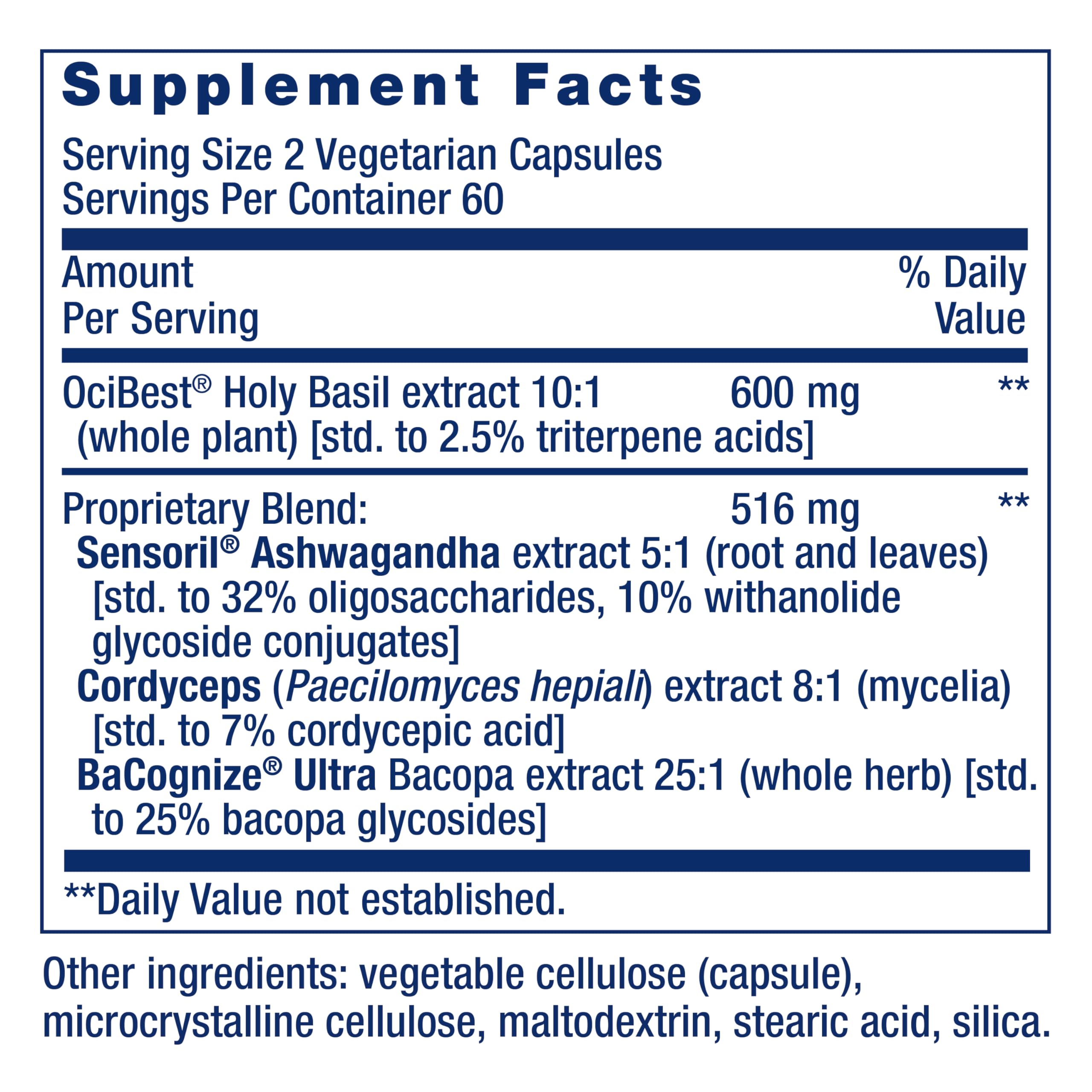Key ingredients of Adrenal Energy Formula: holy basil, ashwagandha, cordyceps and bacopa