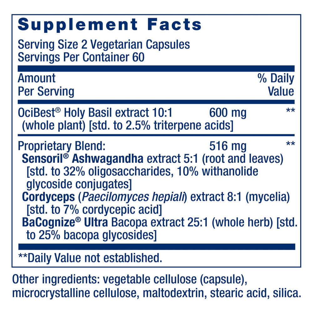Key ingredients of Adrenal Energy Formula: holy basil, ashwagandha, cordyceps and bacopa