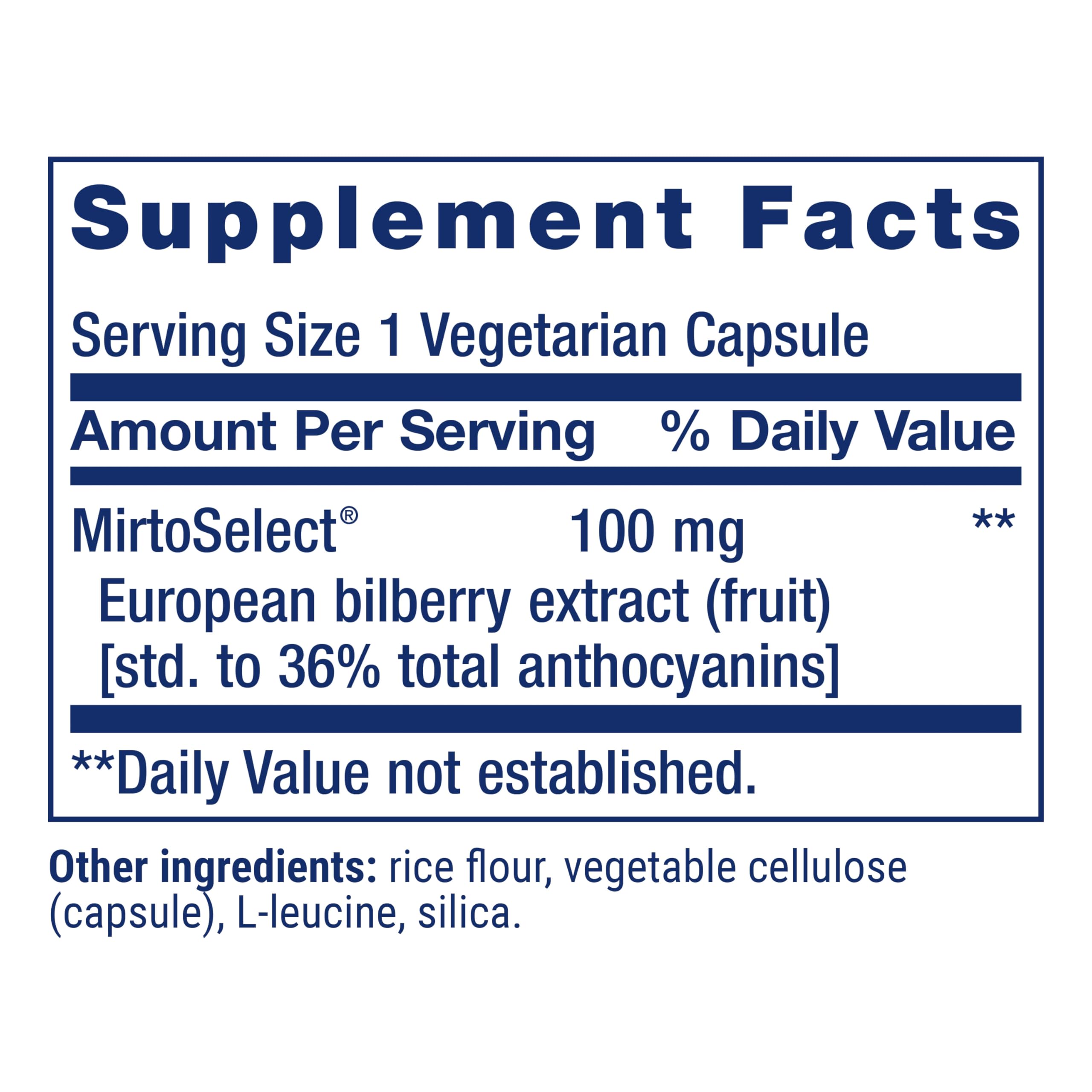 Ingredients and purity information for bilberry extract