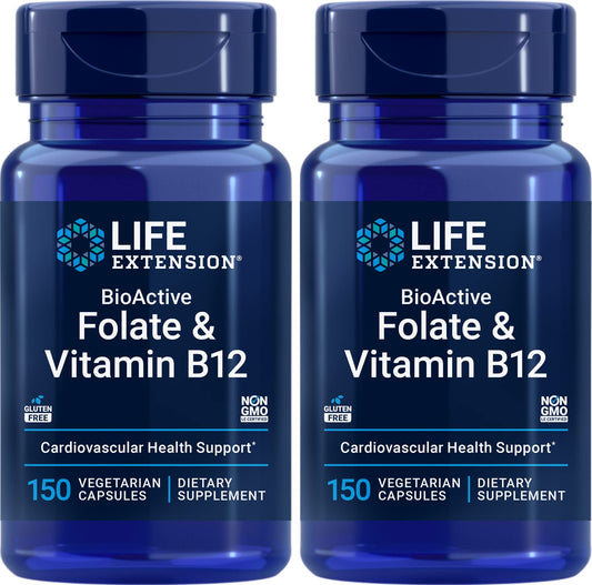 Life Extension BioActive Folate & Vitamin B12 bottle – Pack of 2, 150 vegetarian capsules per bottle