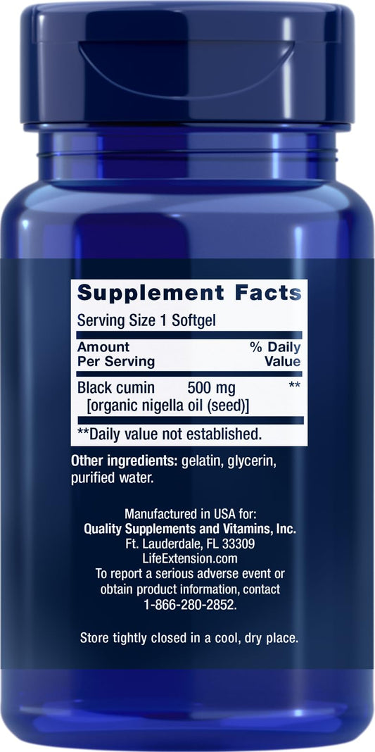 Two Life Extension Black Cumin Seed Oil bottles with 60 softgels each