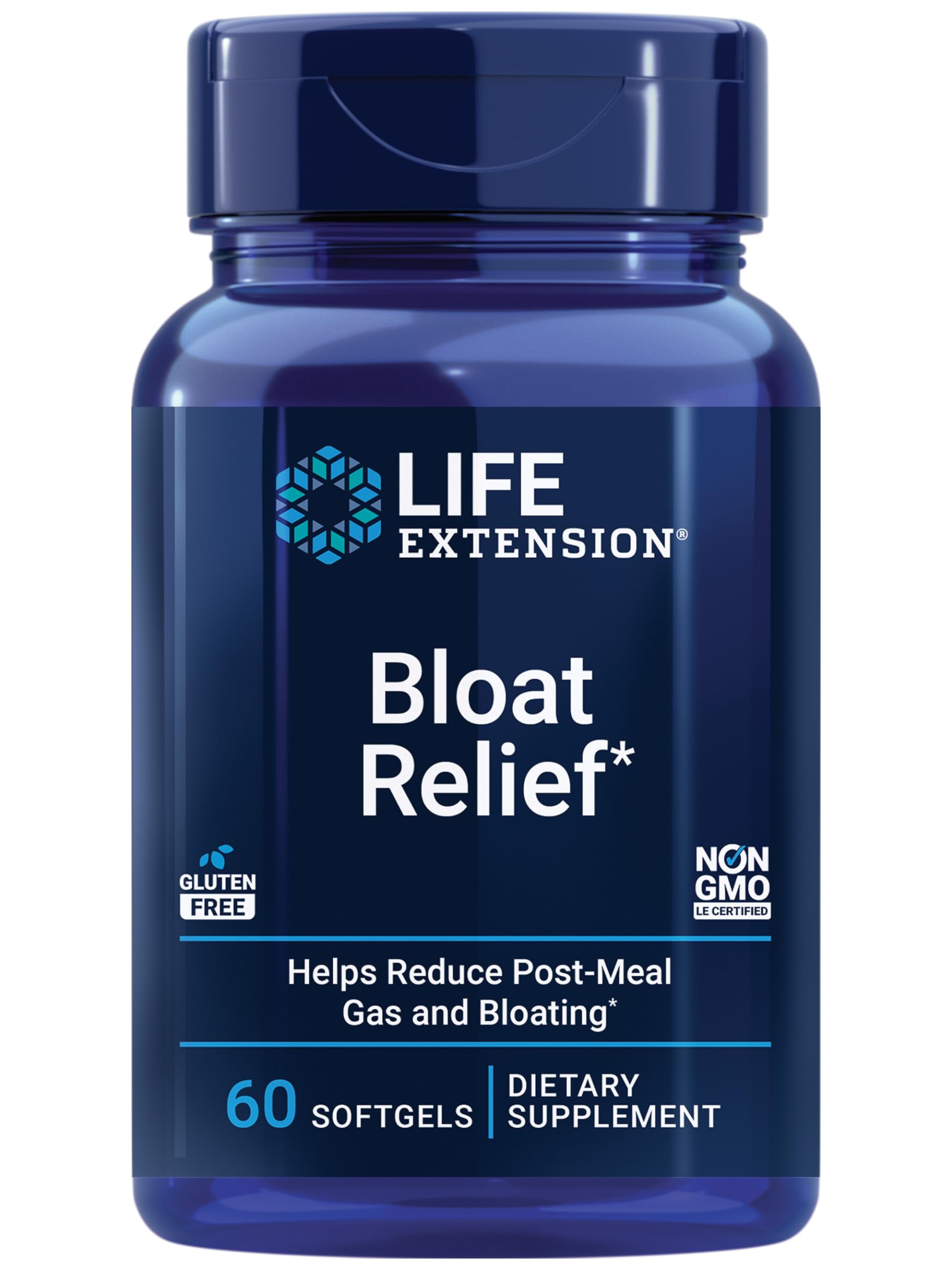 Life Extension Bloat Relief bottle showing 60 softgels