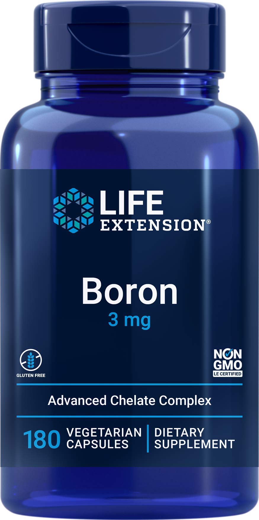 Bottle of Life Extension Boron 3mg 180 Veg Caps label close-up