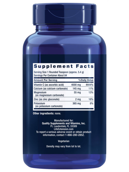Buffered vitamin C powder showing minerals calcium magnesium potassium zinc