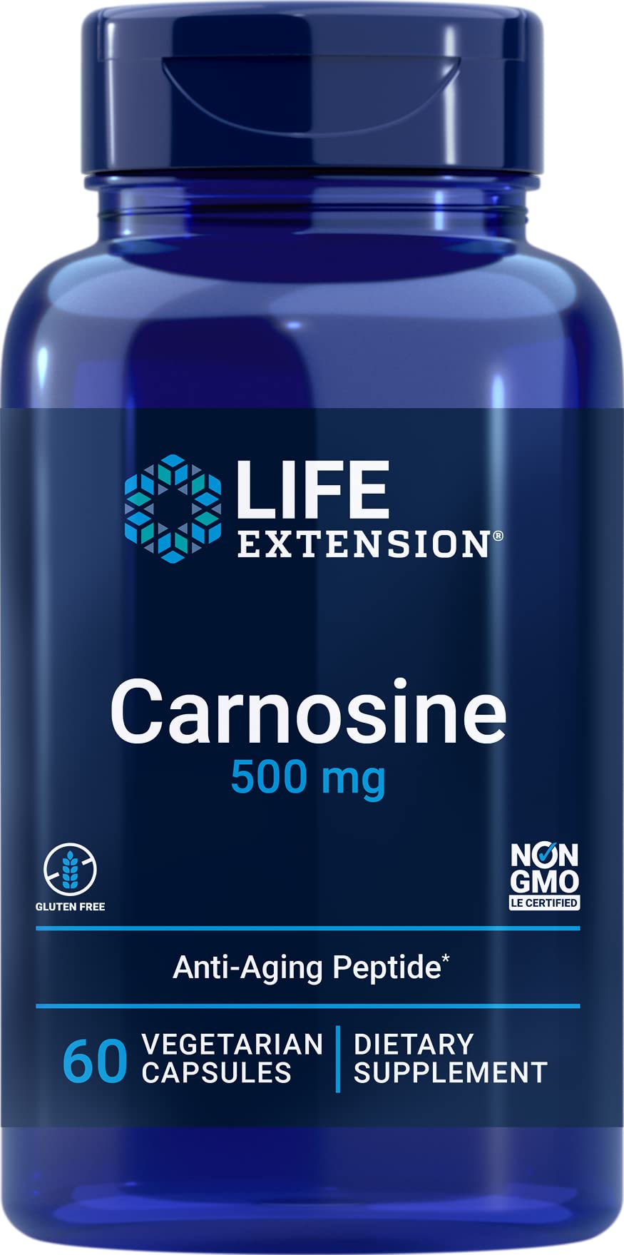 Hero image featuring Life Extension Carnosine 60-capsules bottle