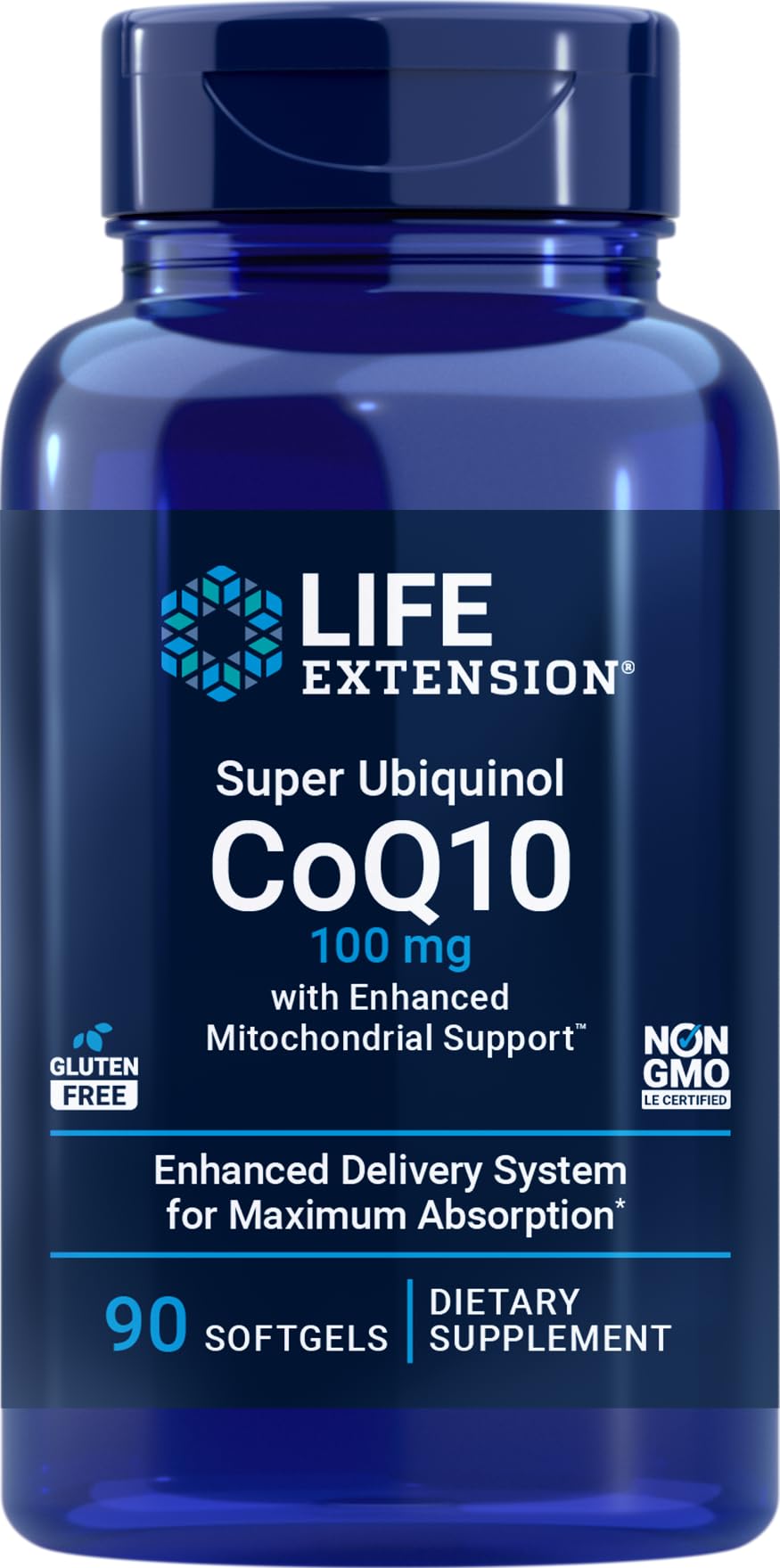 Life Extension COQ10 Super Ubiquinol bottle front highlighting advanced mitochondrial support.