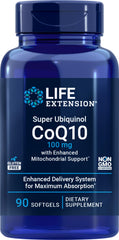Life Extension COQ10 Super Ubiquinol bottle front highlighting advanced mitochondrial support.