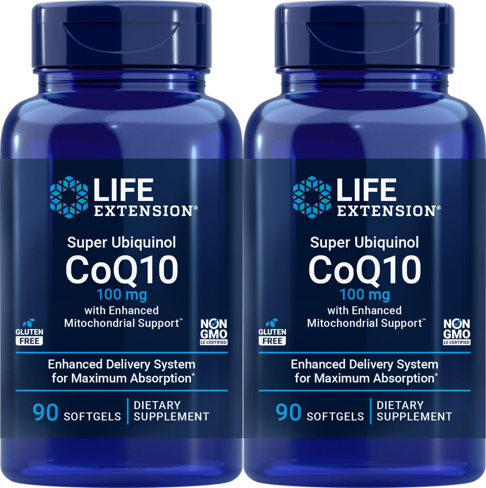 Life Extension CoQ10 ubiquinol 100 mg bottle and 2-pack box