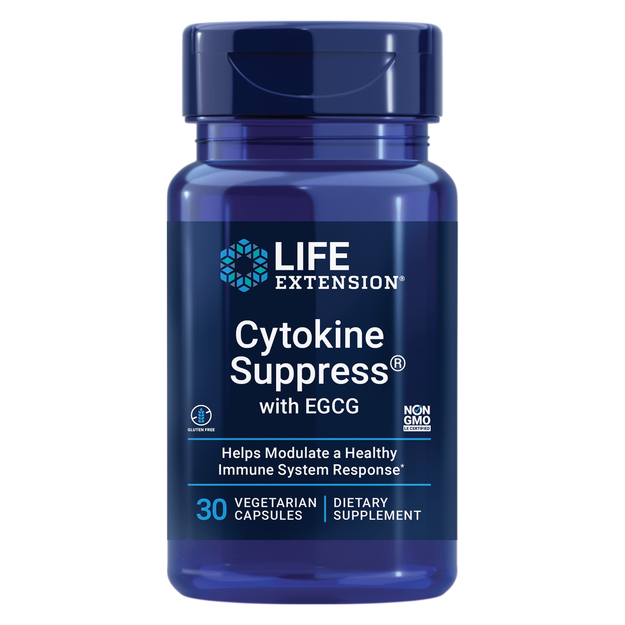 Front view of Life Extension Cytokine Suppress with EGCG bottle and label