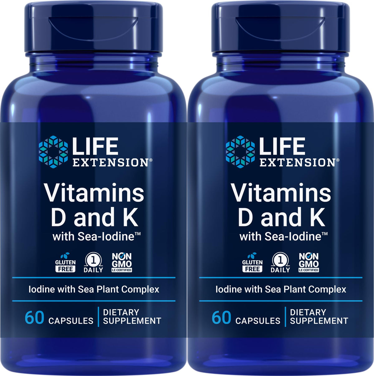 Life Extension D and K with Sea-Iodine 60 capsules (2-pack) bottle and capsules
