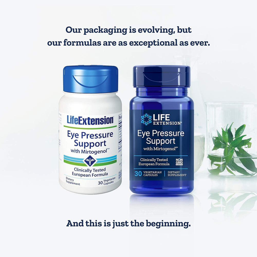 Close-up of Life Extension Eye Pressure Support with Mirtogenol capsules