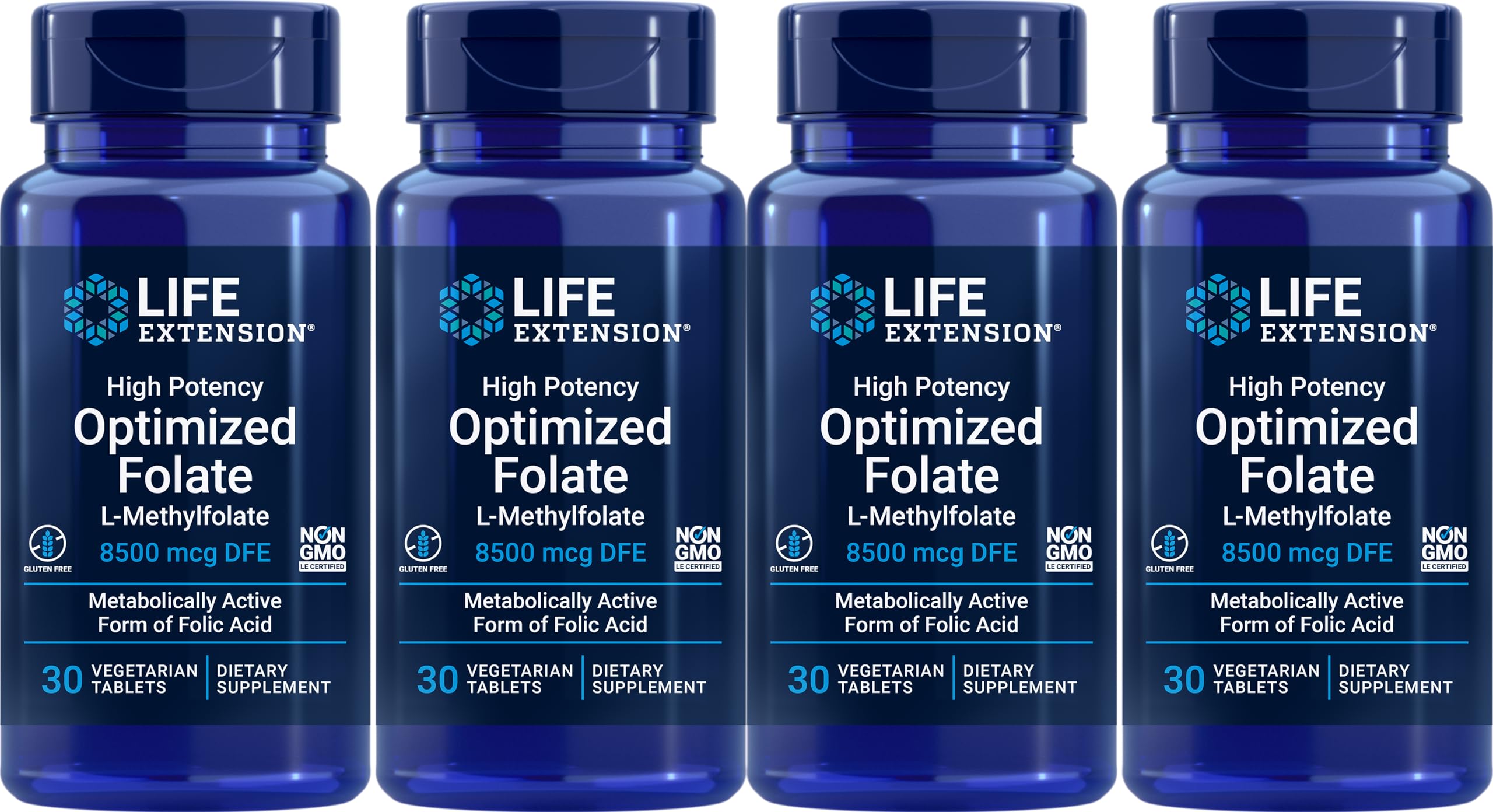Life Extension High Potency Optimized Folate 8500 mcg DFE – 30 Vegetarian Tablets, Pack of 4