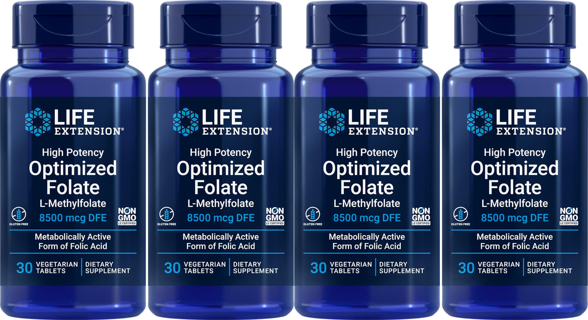 Life Extension High Potency Optimized Folate 8500 mcg DFE – 30 Vegetarian Tablets, Pack of 4