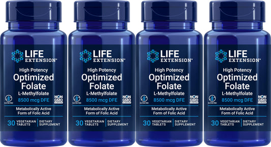 Life Extension High Potency Optimized Folate 8500 mcg DFE – 30 Vegetarian Tablets, Pack of 4