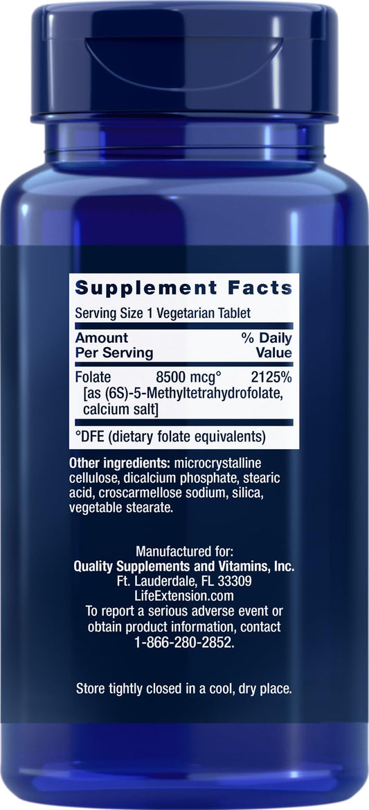 Bottle and packaging of Life Extension Folate 8500 mcg DFE – Pack of 4