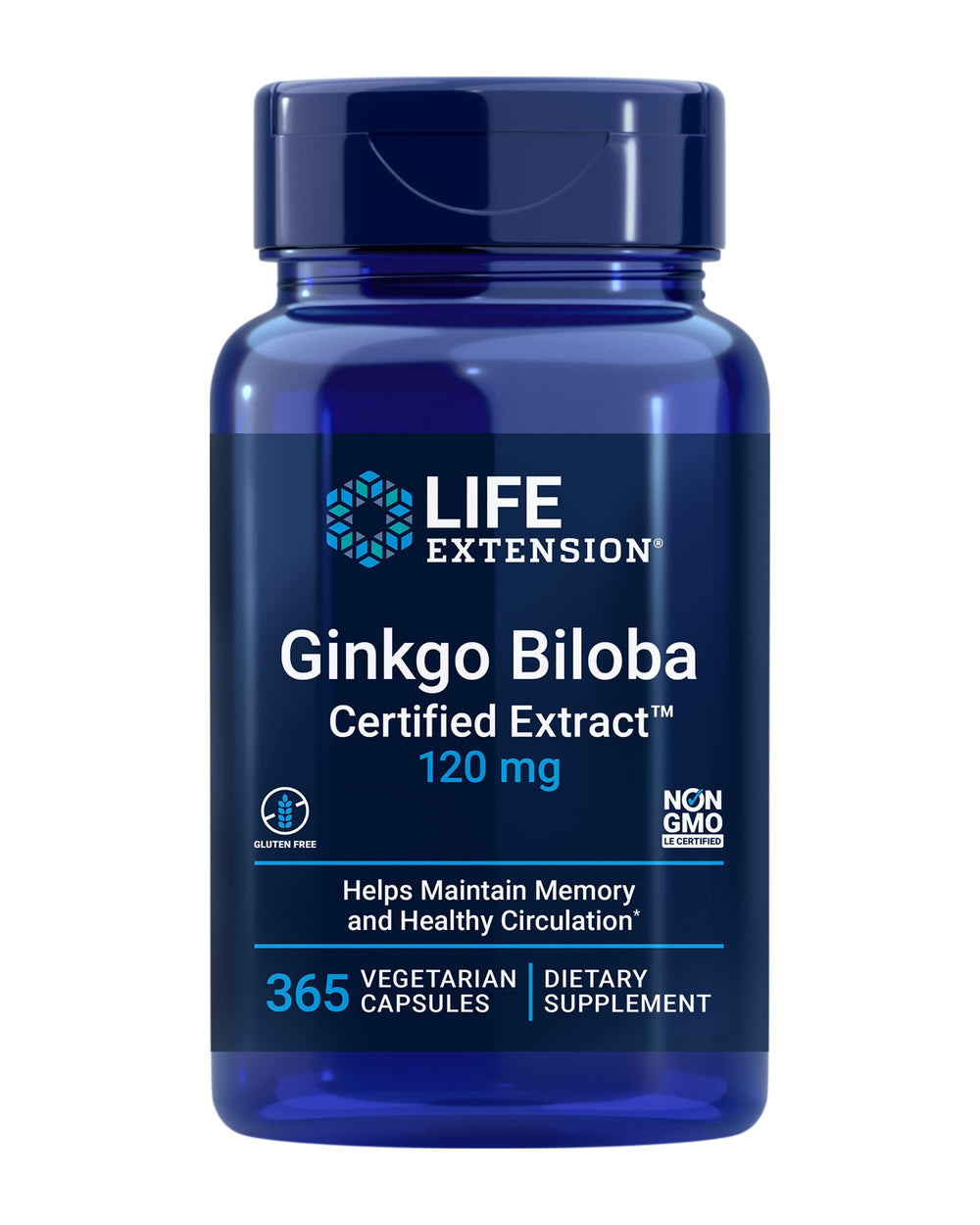 Life Extension Ginkgo Biloba bottle closeup highlighting capsules for potential memory support.