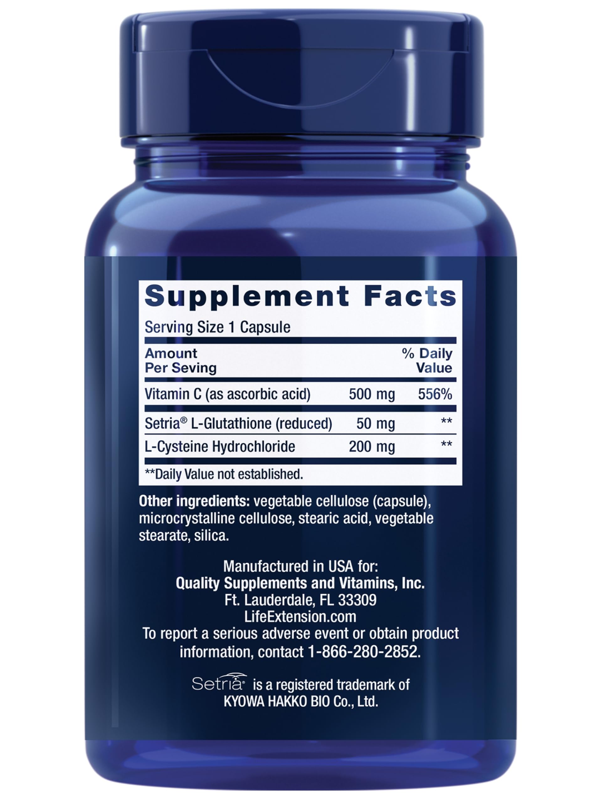 Supplement facts label showing 500 mg Vitamin C per serving