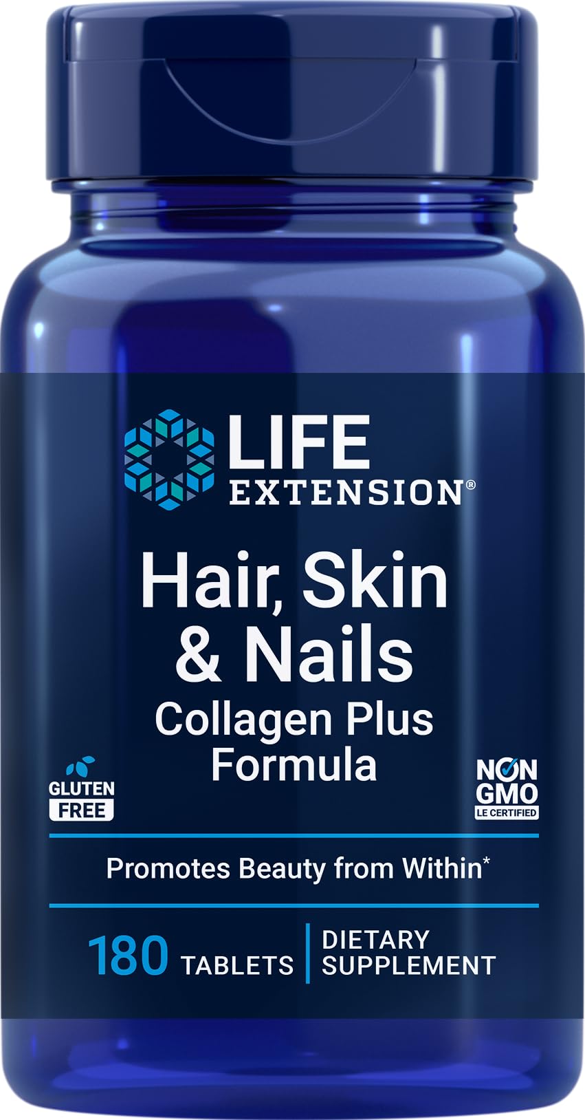 Life Extension Hair, Skin & Nails Collagen Plus Formula bottle and tablets - front