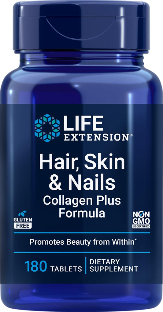 Life Extension Hair, Skin & Nails Collagen Plus Formula bottle and tablets - front