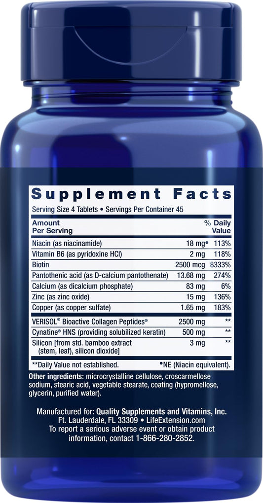 Close-up of Life Extension Hair, Skin & Nails Collagen Plus Formula label