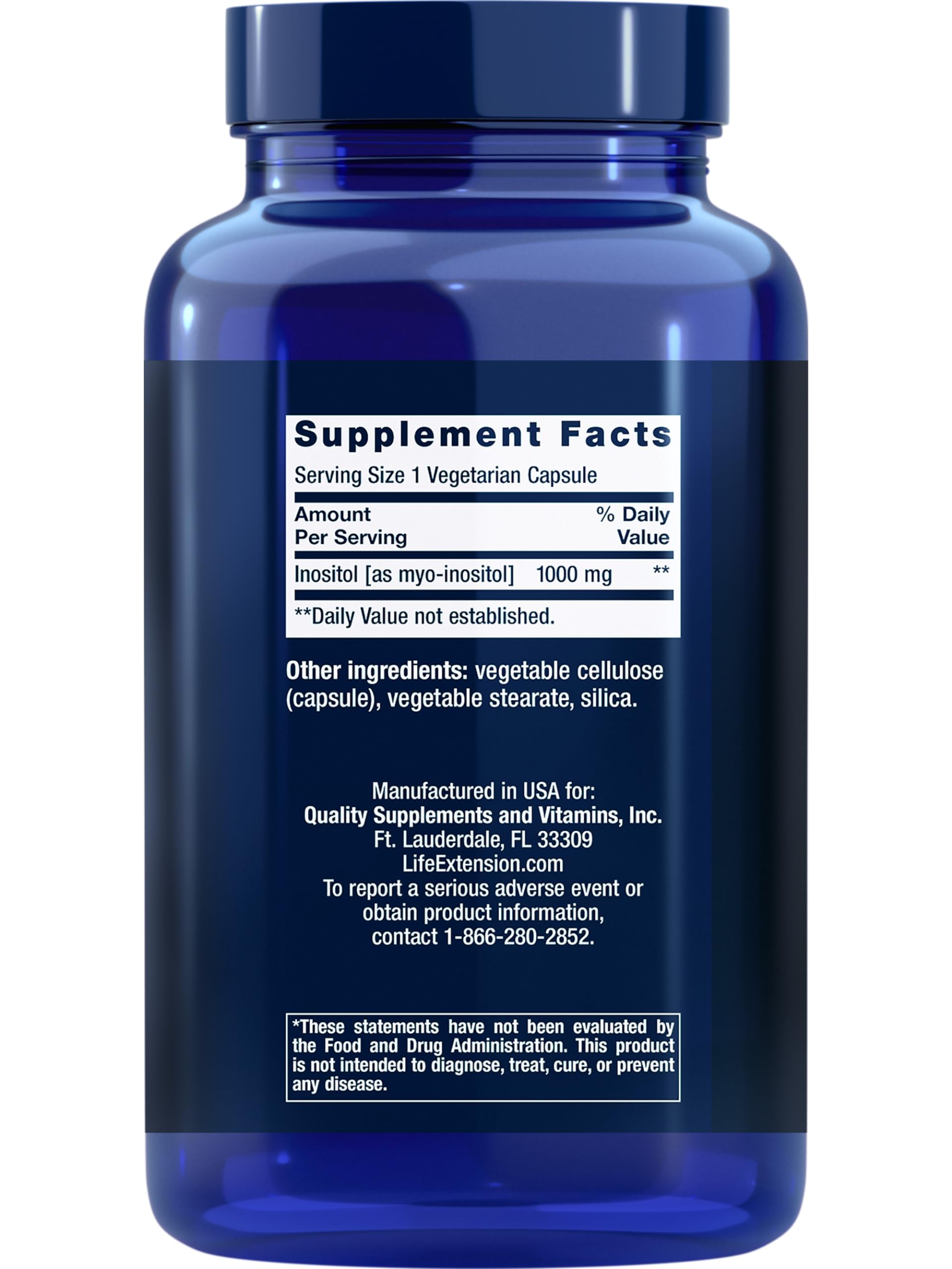 Close-up of 1000 mg Myo-Inositol per capsule label