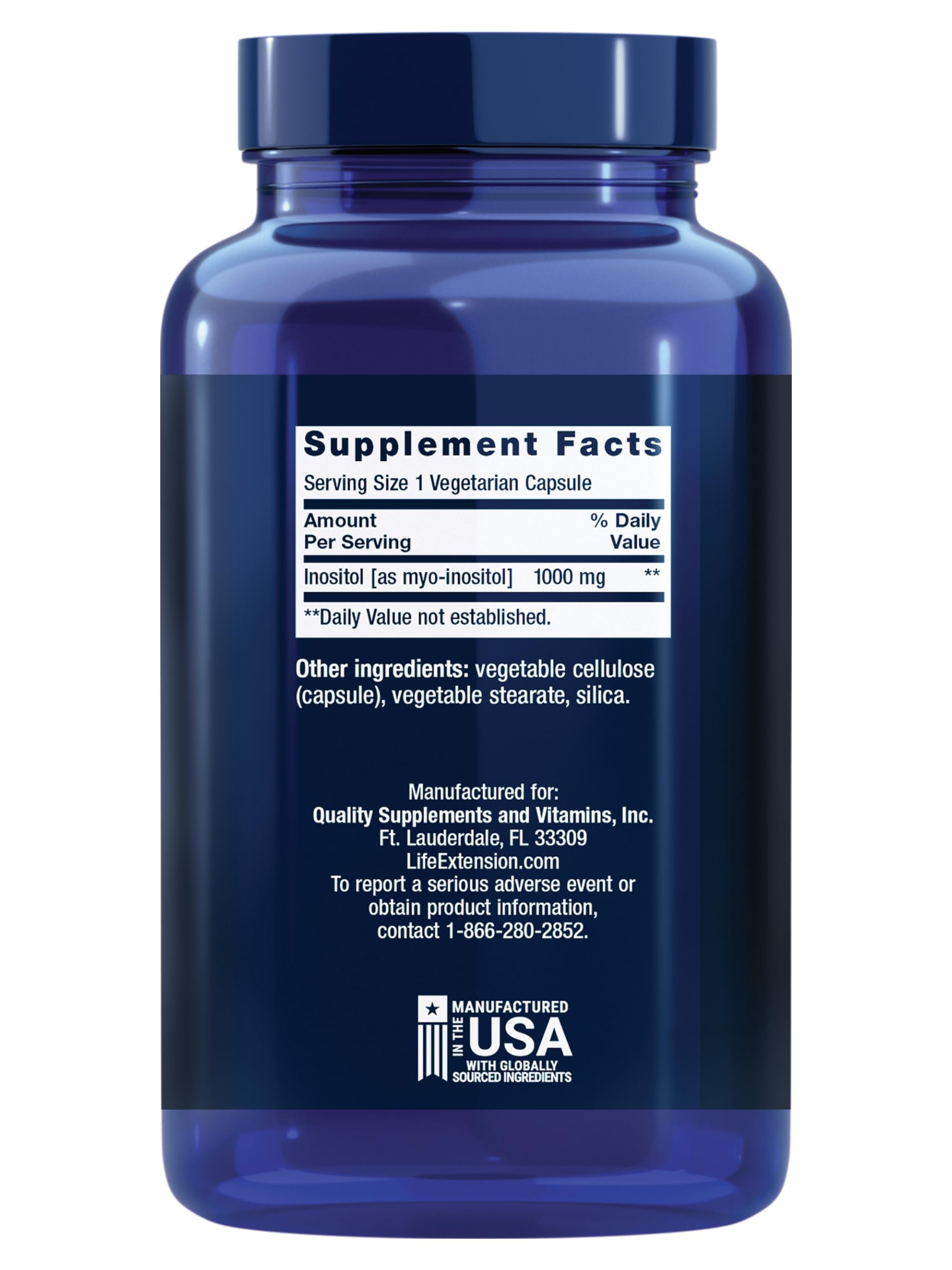 Life Extension Inositol Caps bottle back highlighting gluten-free and non-GMO features