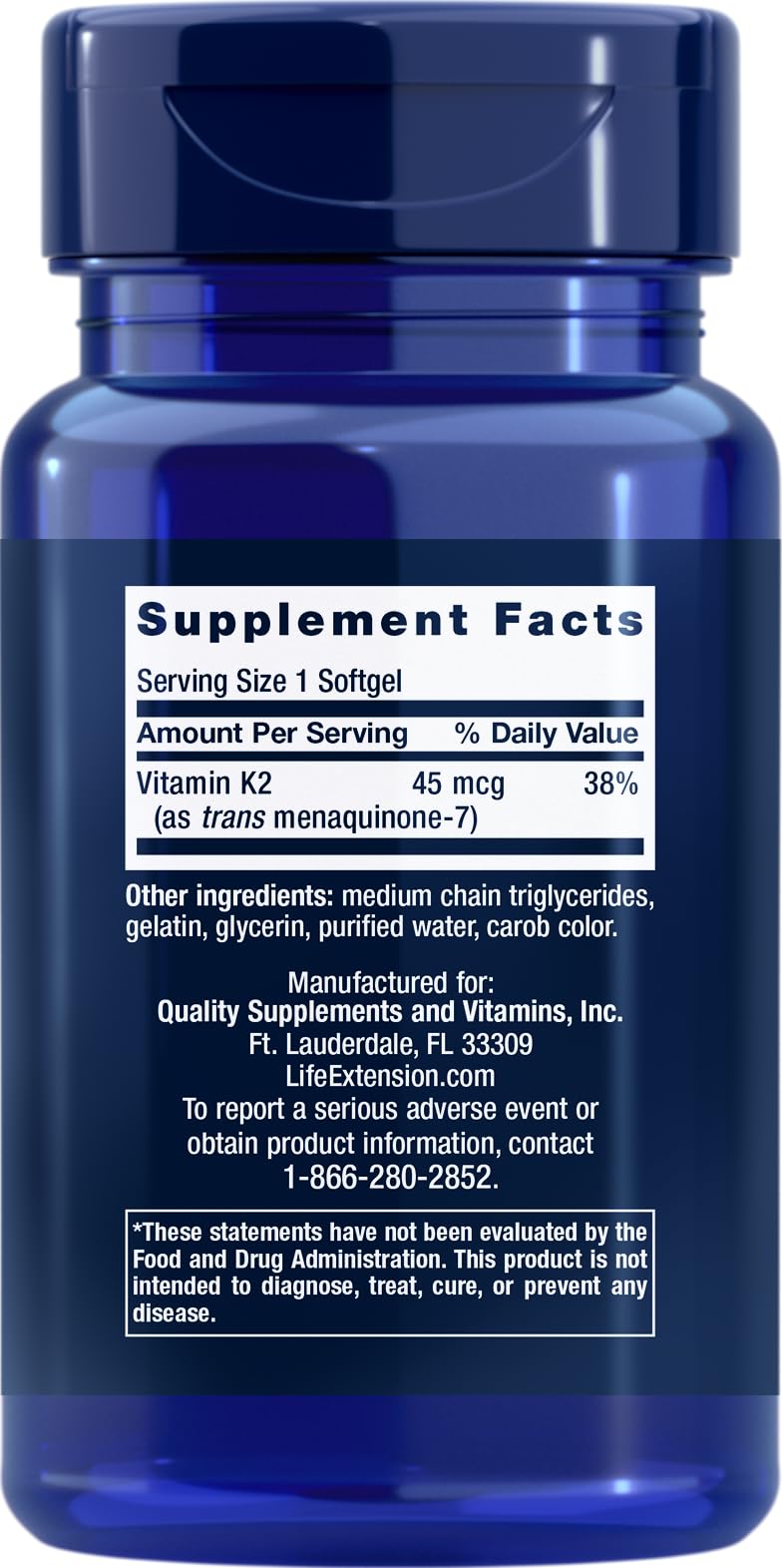 Life Extension Low Dose Vitamin K2 90 Softgels Pack 2 bottle back label