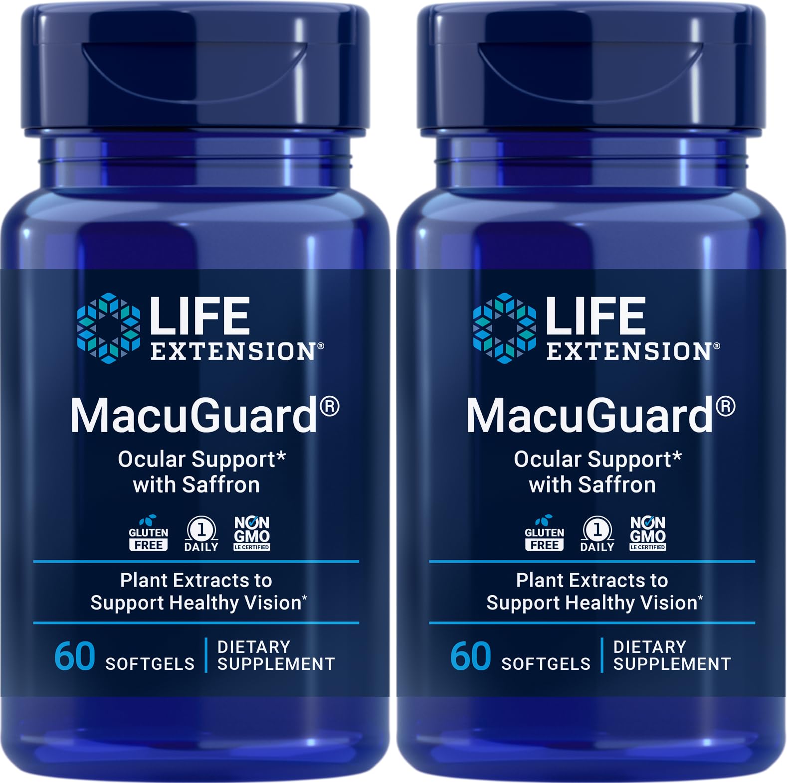 Life Extension MacuGuard Ocular Support with Saffron bottle and 60 softgels (Pack of 2) – front view
