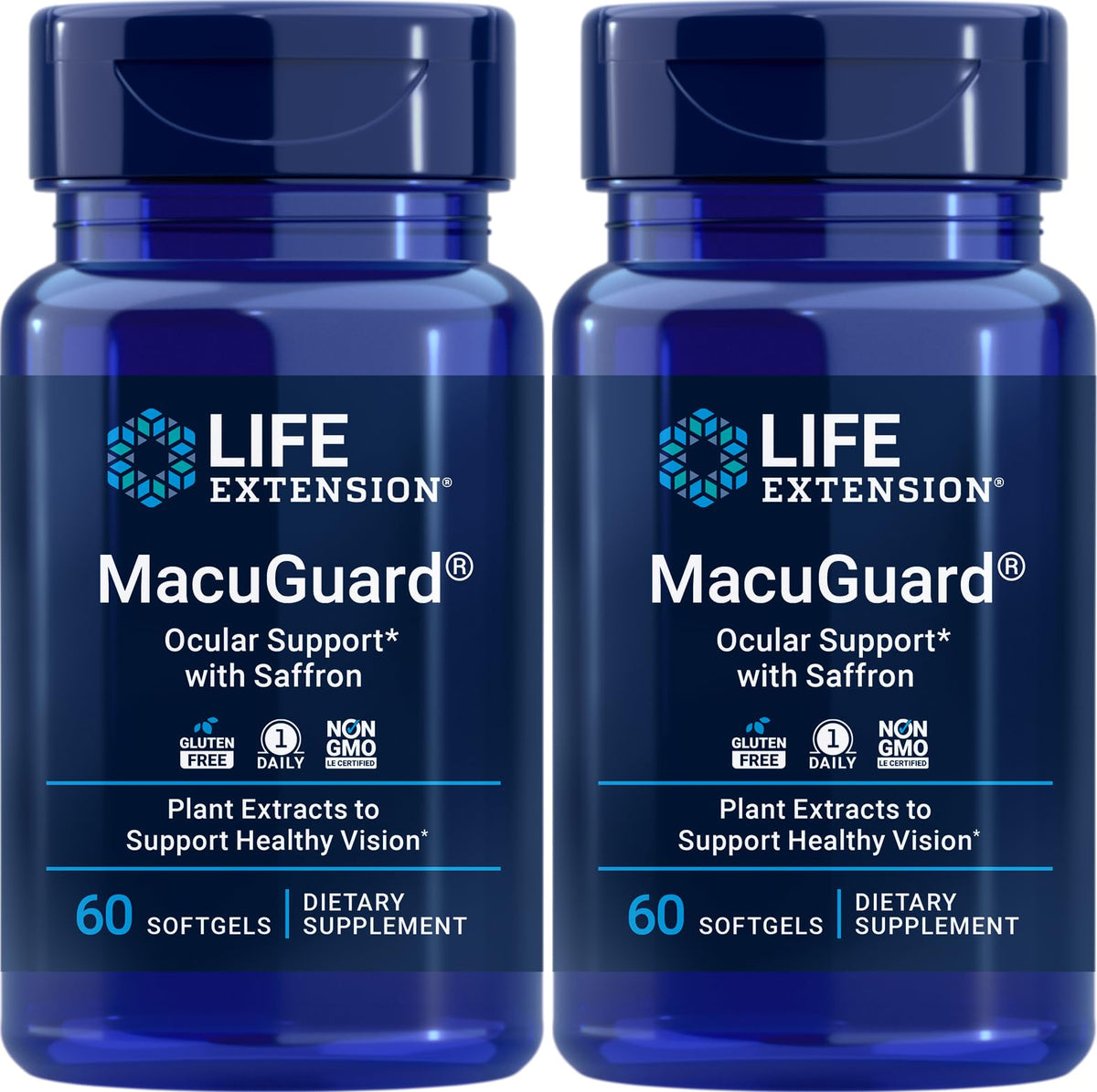 Life Extension MacuGuard Ocular Support with Saffron bottle and 60 softgels (Pack of 2) – front view