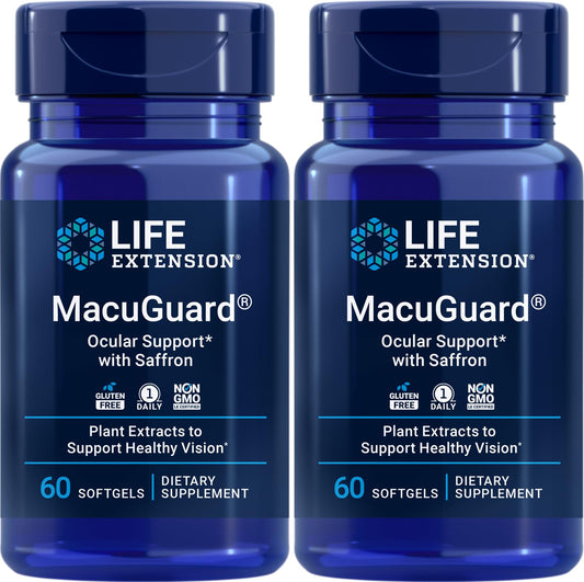 Life Extension MacuGuard Ocular Support with Saffron bottle and 60 softgels (Pack of 2) – front view