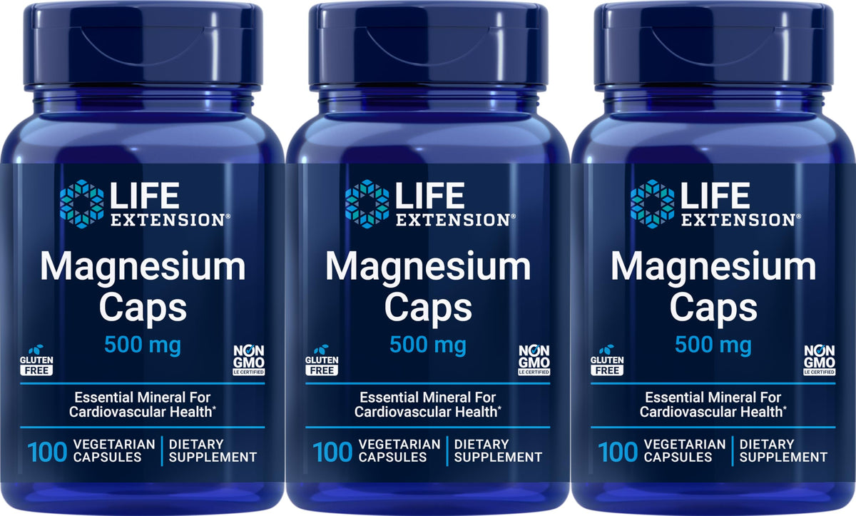 Life Extension Magnesium 500 mg bottle – pack of 3, 100 vegetarian capsules total