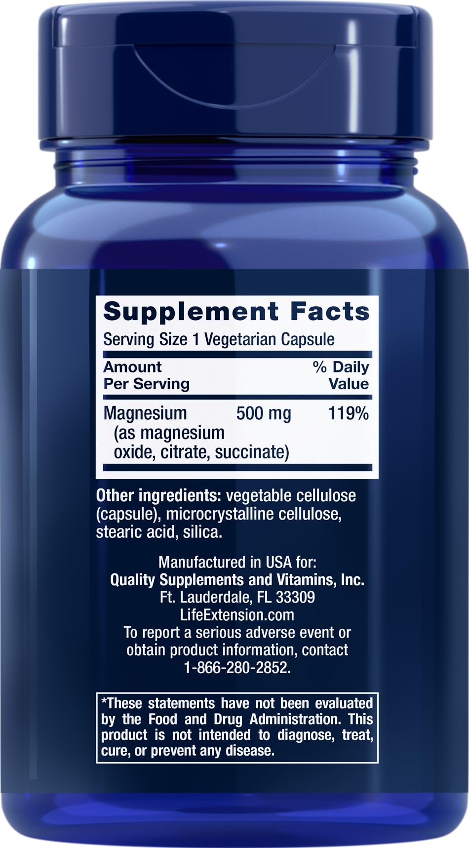 Close-up of Life Extension Magnesium ingredients showing magnesium oxide, citrate, and succinate forms