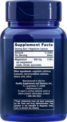 Close-up of Life Extension Magnesium ingredients showing magnesium oxide, citrate, and succinate forms