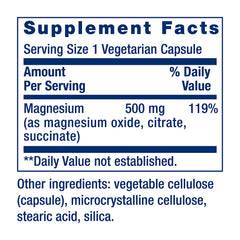 Close-up of triple magnesium complex in capsules (oxide, citrate, succinate)