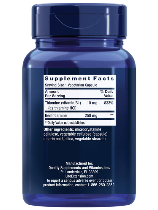 Close-up of benfotiamine capsules inside the bottle