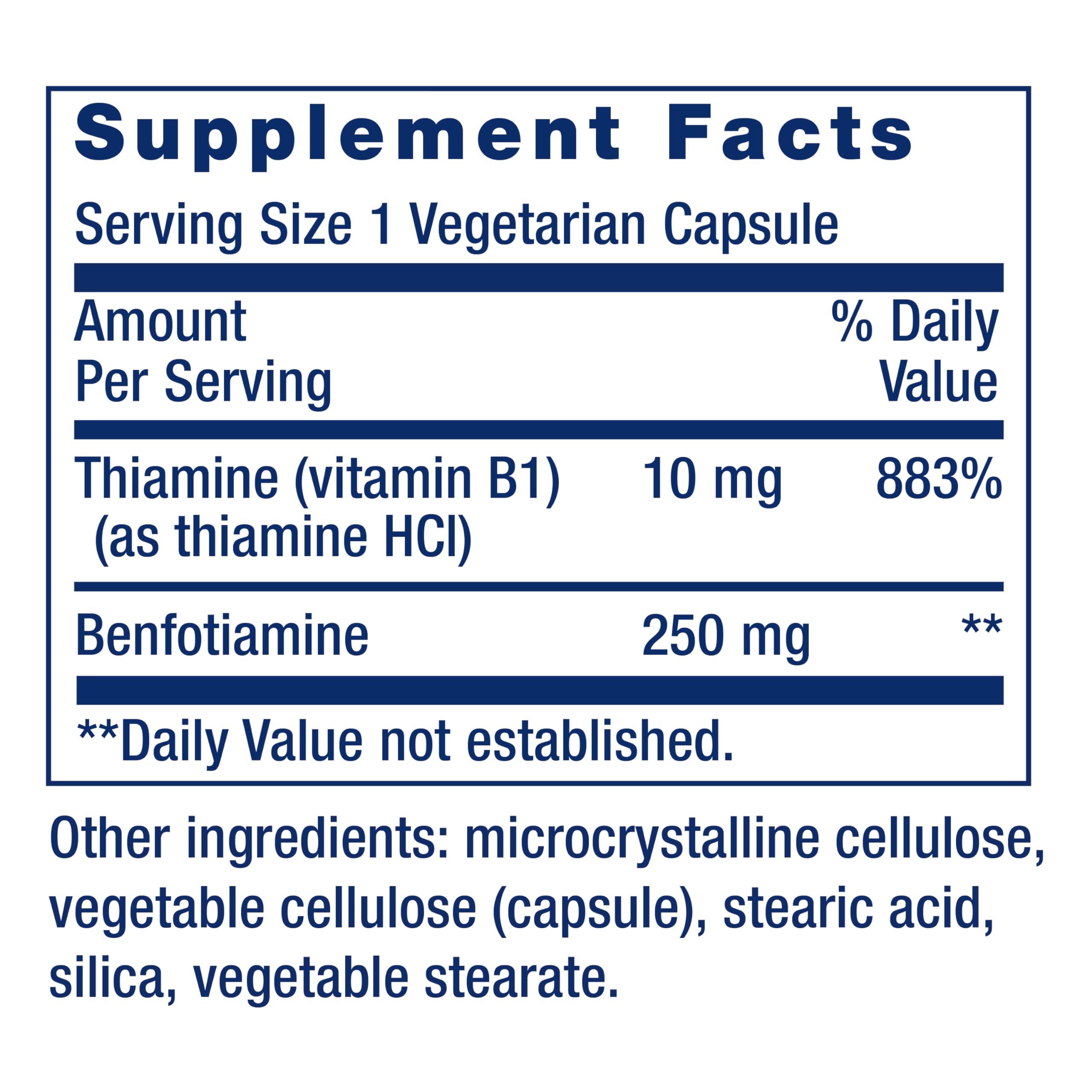 Supplement facts and ingredients panel for Mega Benfotiamine