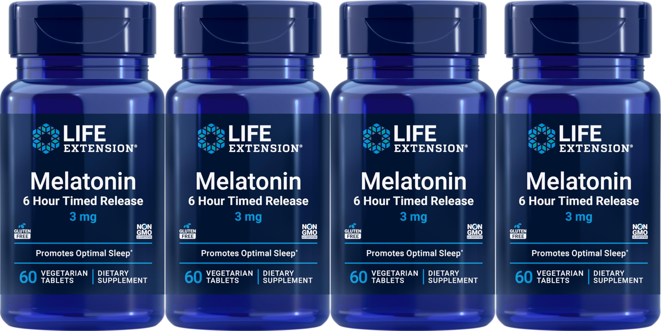 Life Extension Melatonin 6 Hour Timed Release 3 mg, 60 Vegetarian Tablets (Pack of 4) bottle - product image