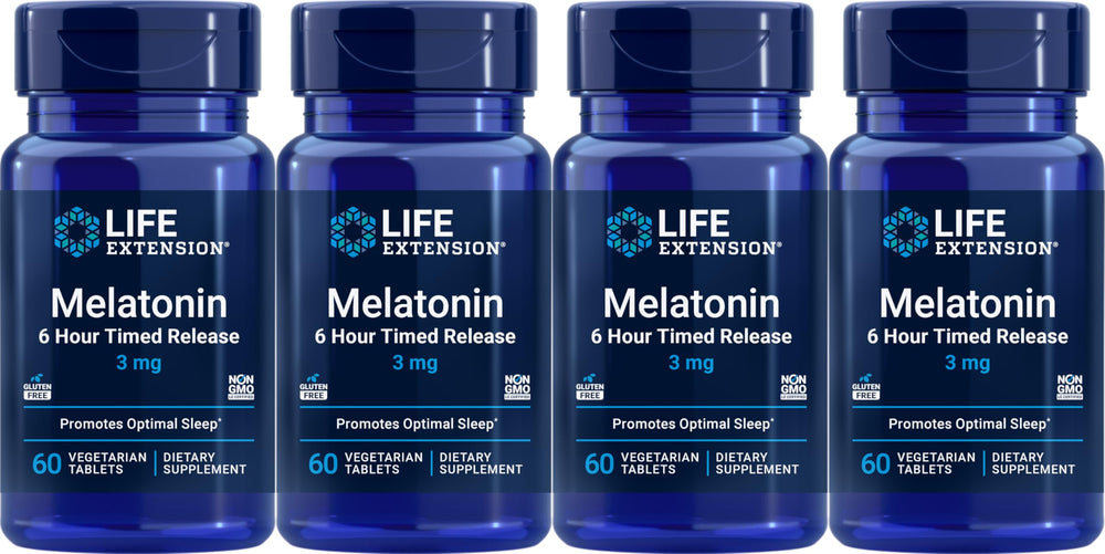 Life Extension Melatonin 6 Hour Timed Release 3 mg, 60 Vegetarian Tablets (Pack of 4) bottle - product image