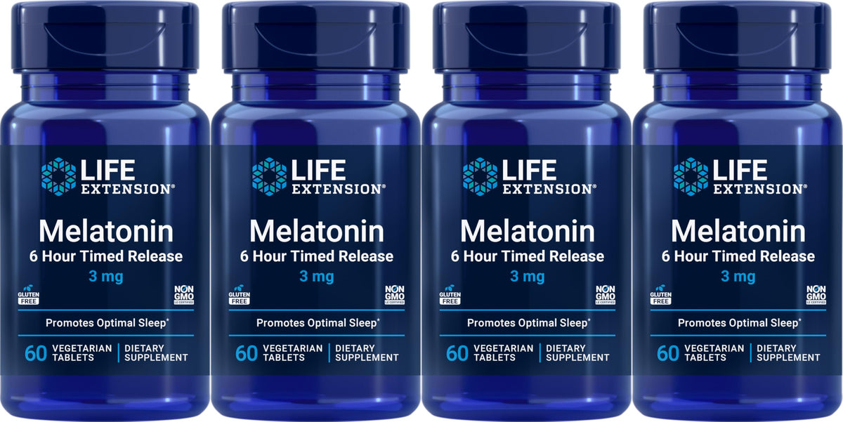 Life Extension Melatonin 6 Hour Timed Release 3 mg, 60 Vegetarian Tablets (Pack of 4) bottle - product image