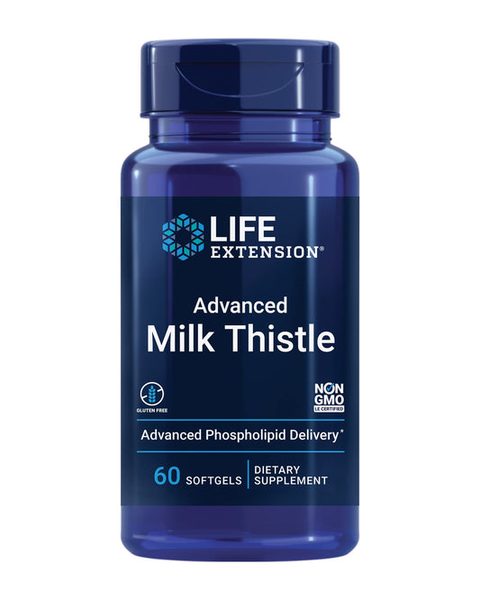 Bottle of Life Extension Advanced Milk Thistle 60 softgels with label