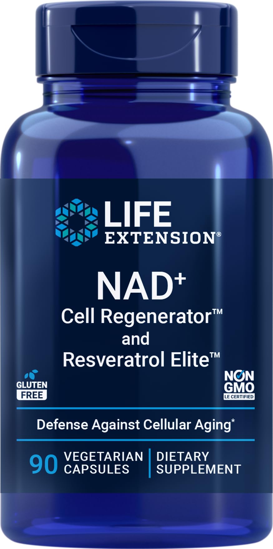 Life Extension NAD+ Cell Regenerator and Resveratrol Elite bottle, 90 vegan capsules
