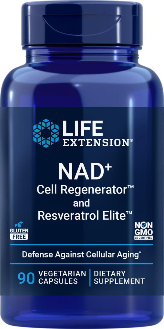 Life Extension NAD+ Cell Regenerator and Resveratrol Elite bottle, 90 vegan capsules