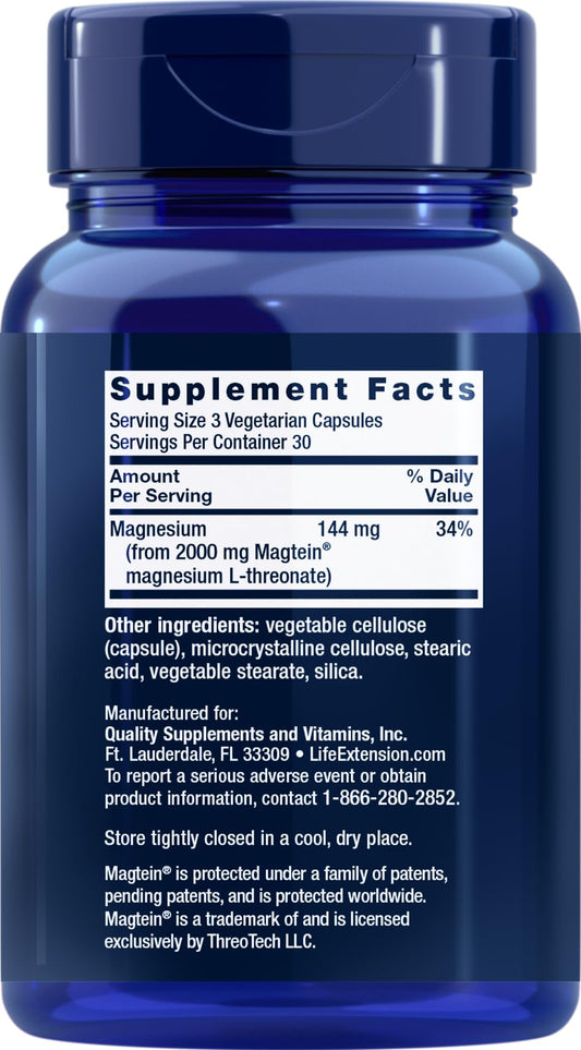 Close-up of Life Extension Neuro-mag Magnesium L-threonate label and capsules