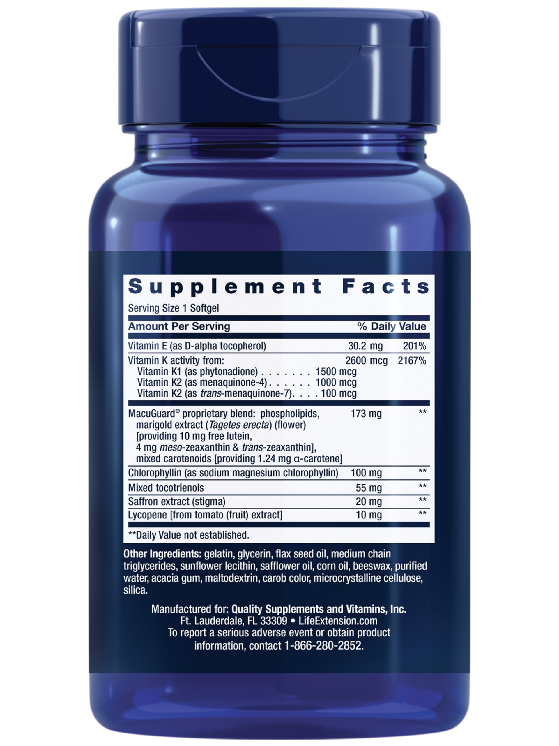 Label showing vitamins E, K1 and K2