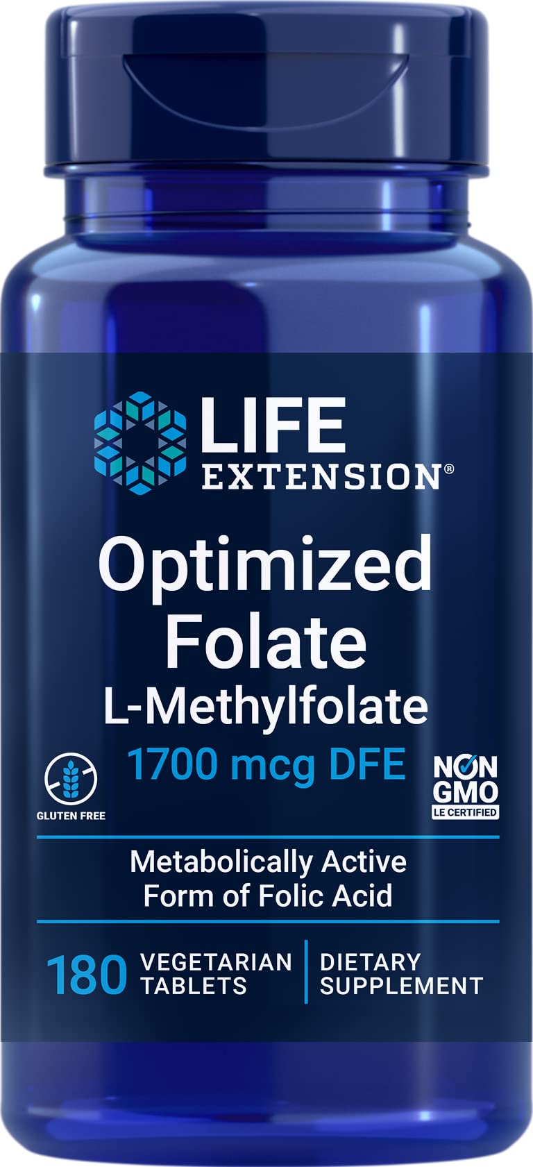 Life Extension Optimized Folate bottle label with 5-MTHF 1700 mcg DFE, 180 vegetarian tablets