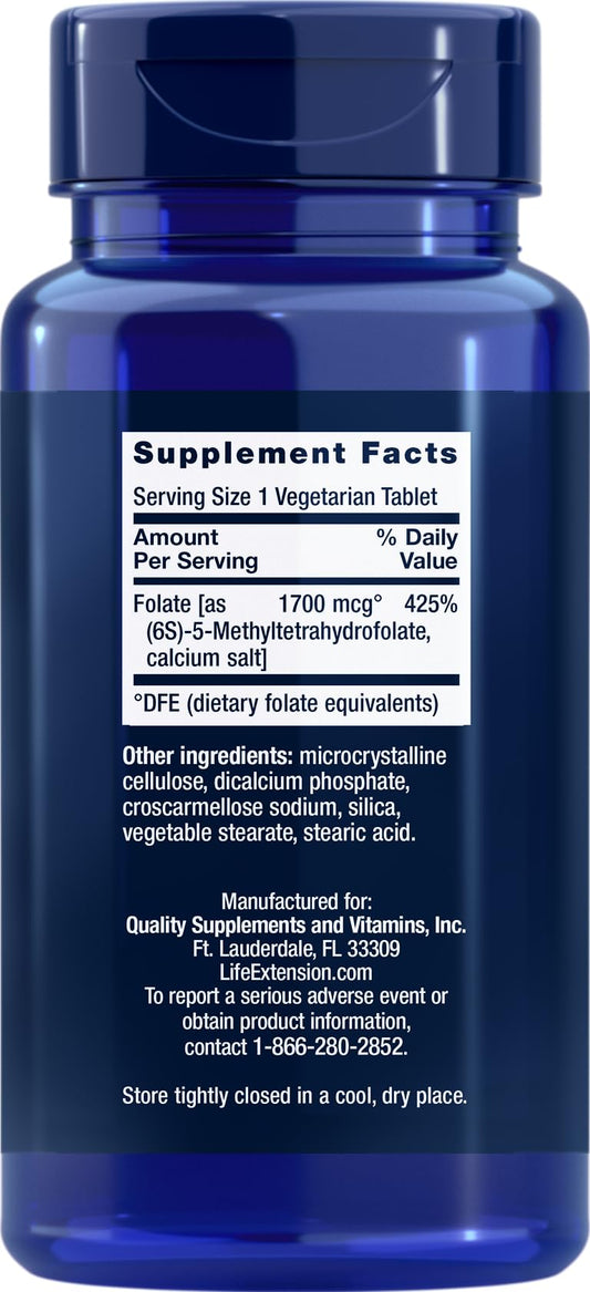 Close-up of Life Extension Optimized Folate packaging showing L-Methylfolate and 5-MTHF